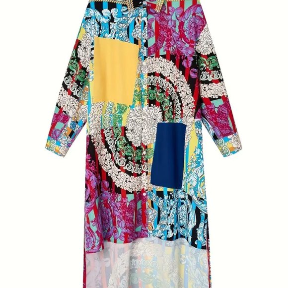 Plus Size Boho Dress, Women's Plus Patchwork Floral Print Long Sleeve Button Up - Picture 2 of 5